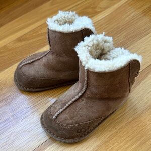 UGG Baby Suede Shearling Lined Booties in Brown and Cream